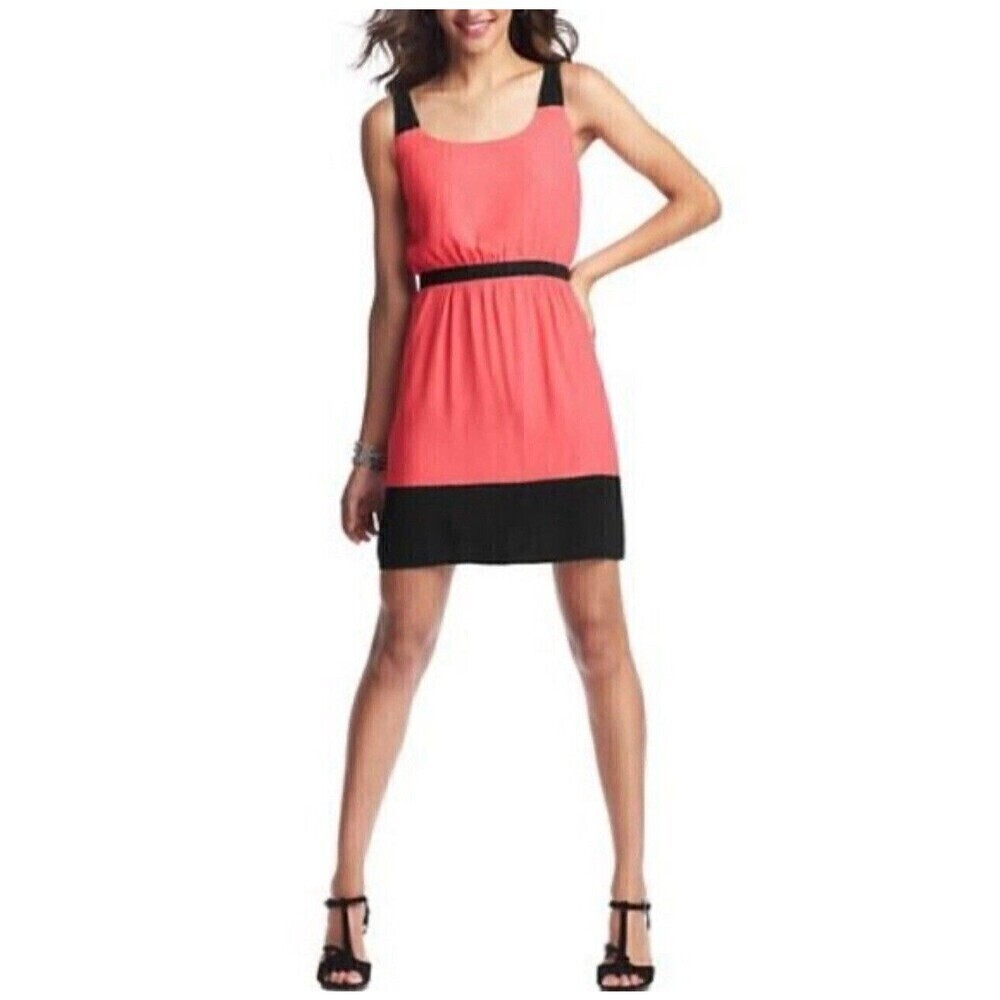 LOFT Ann Taylor Colorblock Fit Flare Dress Womens 0 Coral Pink Black Mini